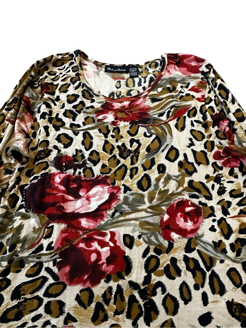 Club Z Collection Size 1X Animal Print Floral Top Sequin Beaded Boho Maximalist - Picture 2 of 5
